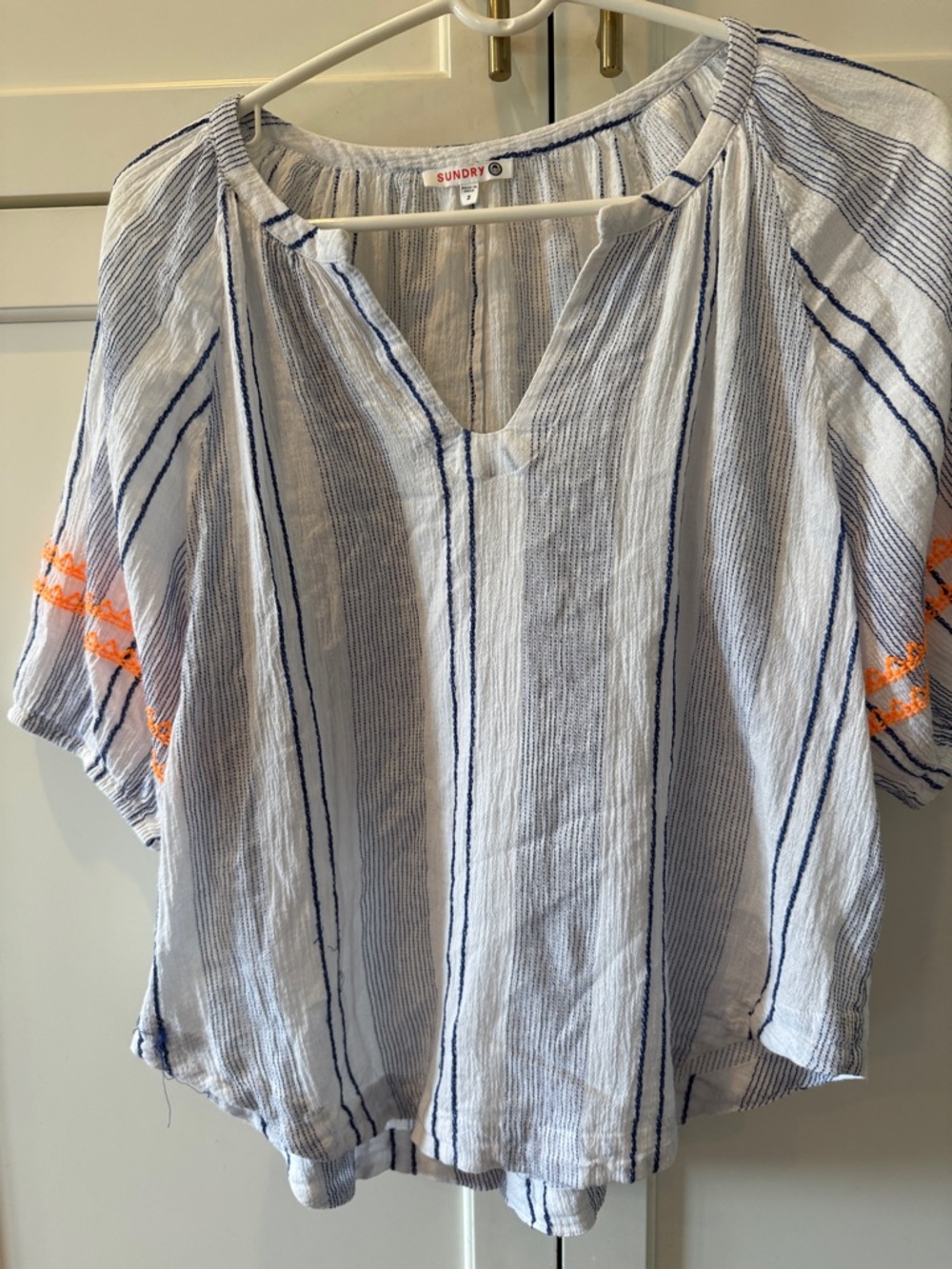 Sundry White & Blue Striped Peasant Top with Orange Sleeve Detail 💯 cotton